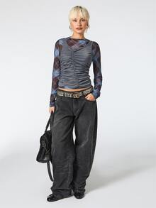 COUREZ Mid Balloon Jeans With Adjustable Back Strap In Charcoal Wash /Y2K Fall Clothes For Women Women Fall/Winter Pants Autumn Clothes Going Out Outfits  - Black - View 1