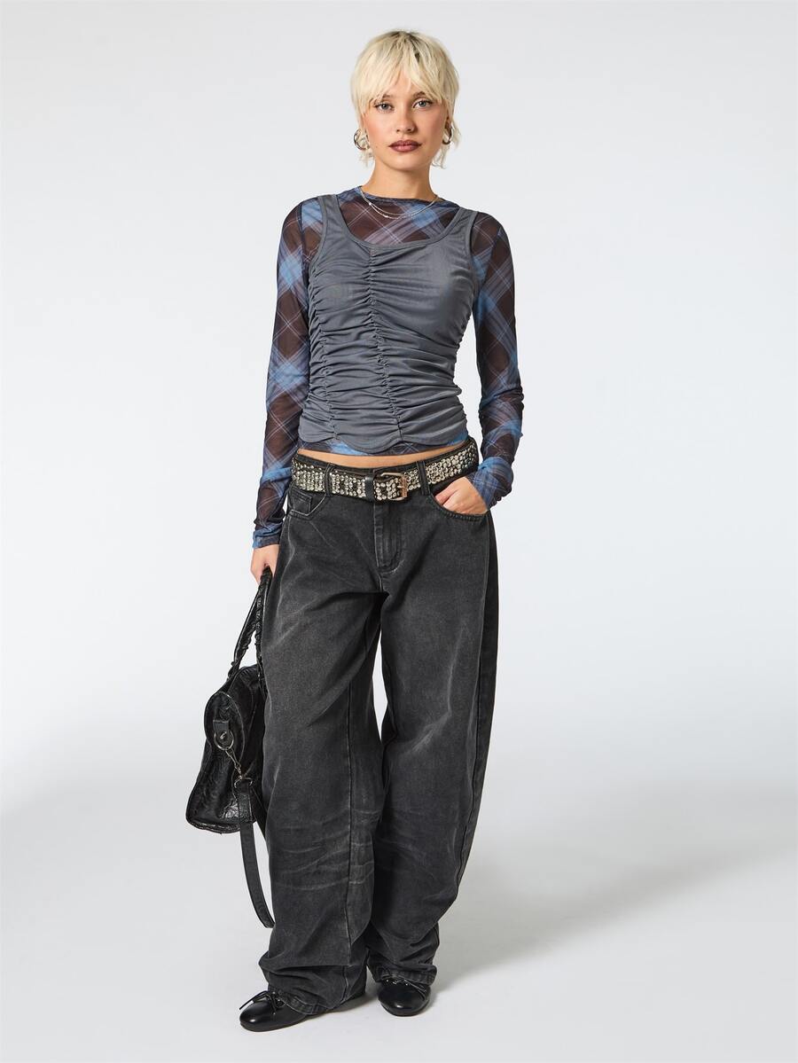 COUREZ Mid Balloon Jeans With Adjustable Back Strap In Charcoal Wash /Y2K Fall Clothes For Women Women Fall/Winter Pants Autumn Clothes Going Out Outfits - Black - View 1