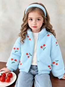 Elladie kids 女童甜美可愛蝴蝶結毛絨拉鍊夾克外套，適合日常休閒外出，秋冬款蝴蝶結夾克 - 藍色 - 查看 4