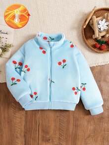 Elladie kids 女童甜美可愛蝴蝶結毛絨拉鍊夾克外套，適合日常休閒外出，秋冬款蝴蝶結夾克 - 藍色 - 查看 3