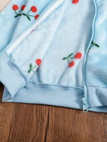 Elladie kids 女童甜美可愛蝴蝶結毛絨拉鍊夾克外套，適合日常休閒外出，秋冬款蝴蝶結夾克 - 藍色 - 查看 7