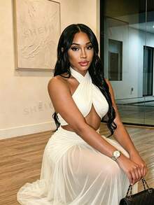 Zolique Women's Ultra Long Floor-Length Halter Neck Mesh Ruched Backless Dress Vacation Night Out White Summer Tropical Sexy Tropical Vacation Night Out - Apricot - View 5
