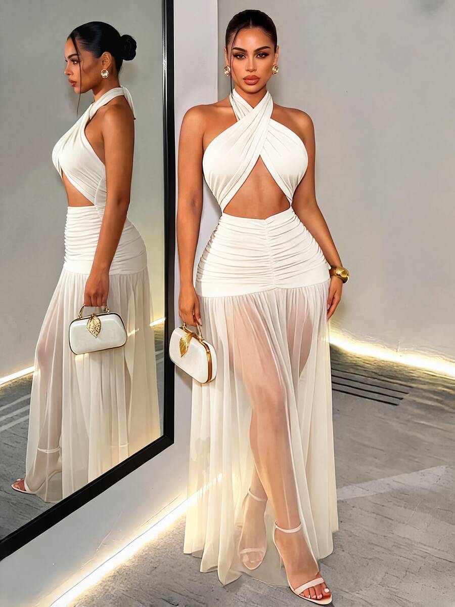Zolique Women's Ultra Long Floor-Length Halter Neck Mesh Ruched Backless Dress Vacation Night Out White Summer Tropical Sexy Tropical Vacation Night Out - Apricot - View 1