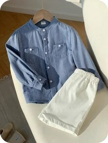 SHEIN 两件套男童休闲可爱百搭蓝色长袖衬衫和松紧腰短裤套装，适合生日派对、锐舞派对、晚宴、演出、婚礼、迎婴派对、洗礼、一周岁生日庆祝、婚礼宾客、迎婴派对洗礼服装 - 彩色 - 查看 4