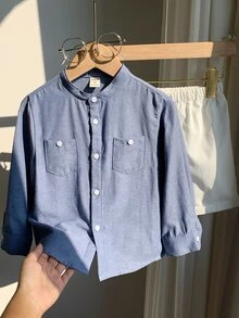 SHEIN 两件套男童休闲可爱百搭蓝色长袖衬衫和松紧腰短裤套装，适合生日派对、锐舞派对、晚宴、演出、婚礼、迎婴派对、洗礼、一周岁生日庆祝、婚礼宾客、迎婴派对洗礼服装 - 彩色 - 查看 8