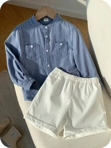 SHEIN 两件套男童休闲可爱百搭蓝色长袖衬衫和松紧腰短裤套装，适合生日派对、锐舞派对、晚宴、演出、婚礼、迎婴派对、洗礼、一周岁生日庆祝、婚礼宾客、迎婴派对洗礼服装 - 彩色 - 查看 1