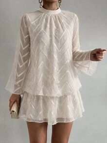 Flora Isola Flora Isola Women's Spring Summer Autumn Date Party Gathering Ball Jacquard Stand Collar Flare Sleeve Balloon Dress - Apricot - View 3