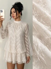 Flora Isola Flora Isola Women's Spring Summer Autumn Date Party Gathering Ball Jacquard Stand Collar Flare Sleeve Balloon Dress - Apricot - View 5