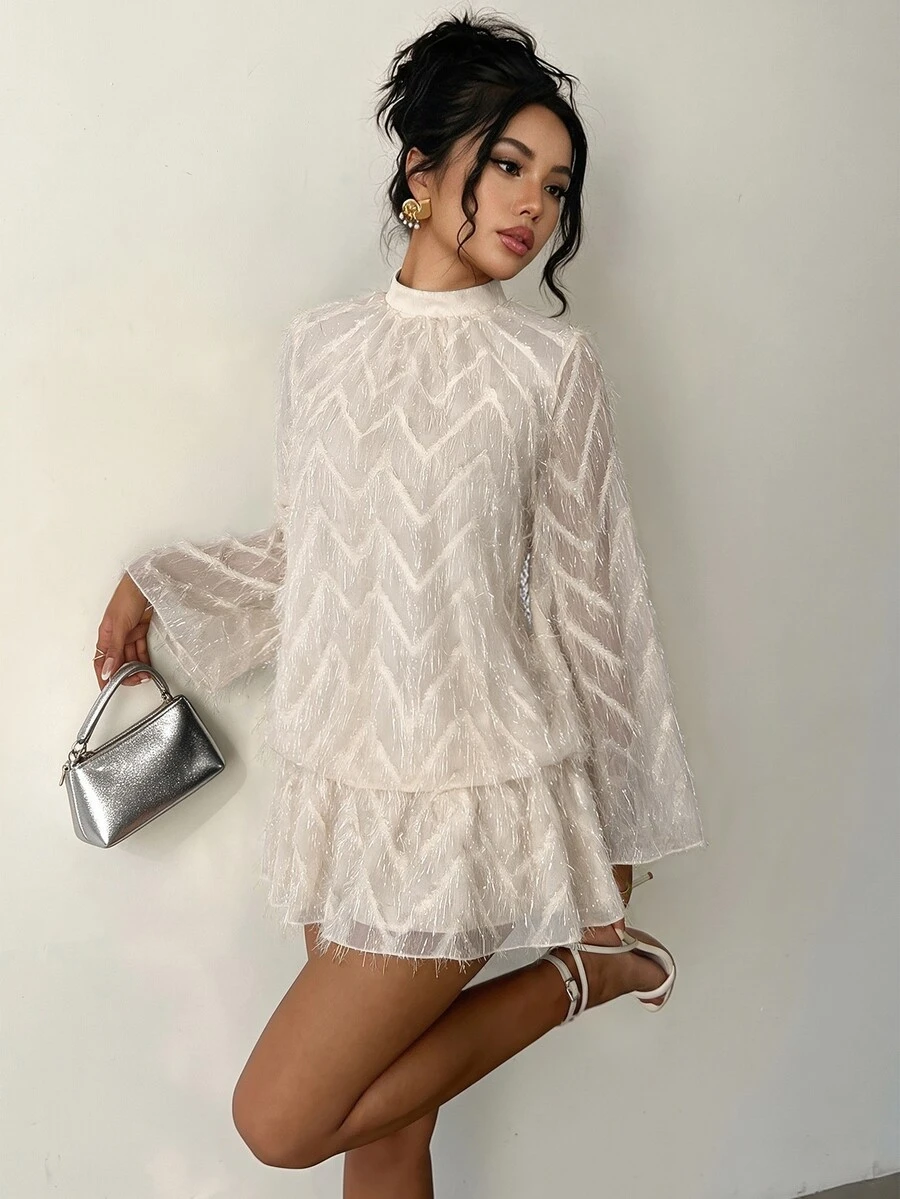 Flora Isola Flora Isola Women's Spring Summer Autumn Date Party Gathering Ball Jacquard Stand Collar Flare Sleeve Balloon Dress - Apricot - View 1