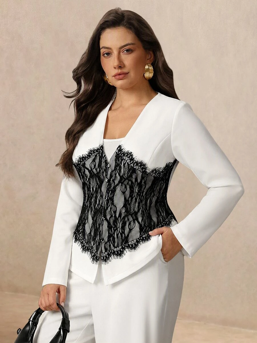 Juhart Contrast Lace Contrast Color Plus Size Women's Long Sleeve Jacket And Pants Elegant 2 Pieces Set Autumn Office Evening Black White Elegant - Black and White - View 1