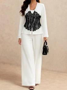 Juhart Contrast Lace Contrast Color Plus Size Women's Long Sleeve Jacket And Pants Elegant 2 Pieces Set Autumn Office Evening Black White Elegant - Black and White - View 8