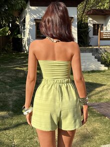 KARISMINA Women's Fashionable Summer Holiday Style Bowknot Decor Strapless Top With Skirt Set - Mint Green - View 2