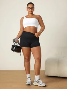Rhythm Era Plus Size Off-Shoulder Seamless Ribbed Fitted Sports Tank Top, Sports T-Shirt, Bra, Underwear For Women - White - View 6