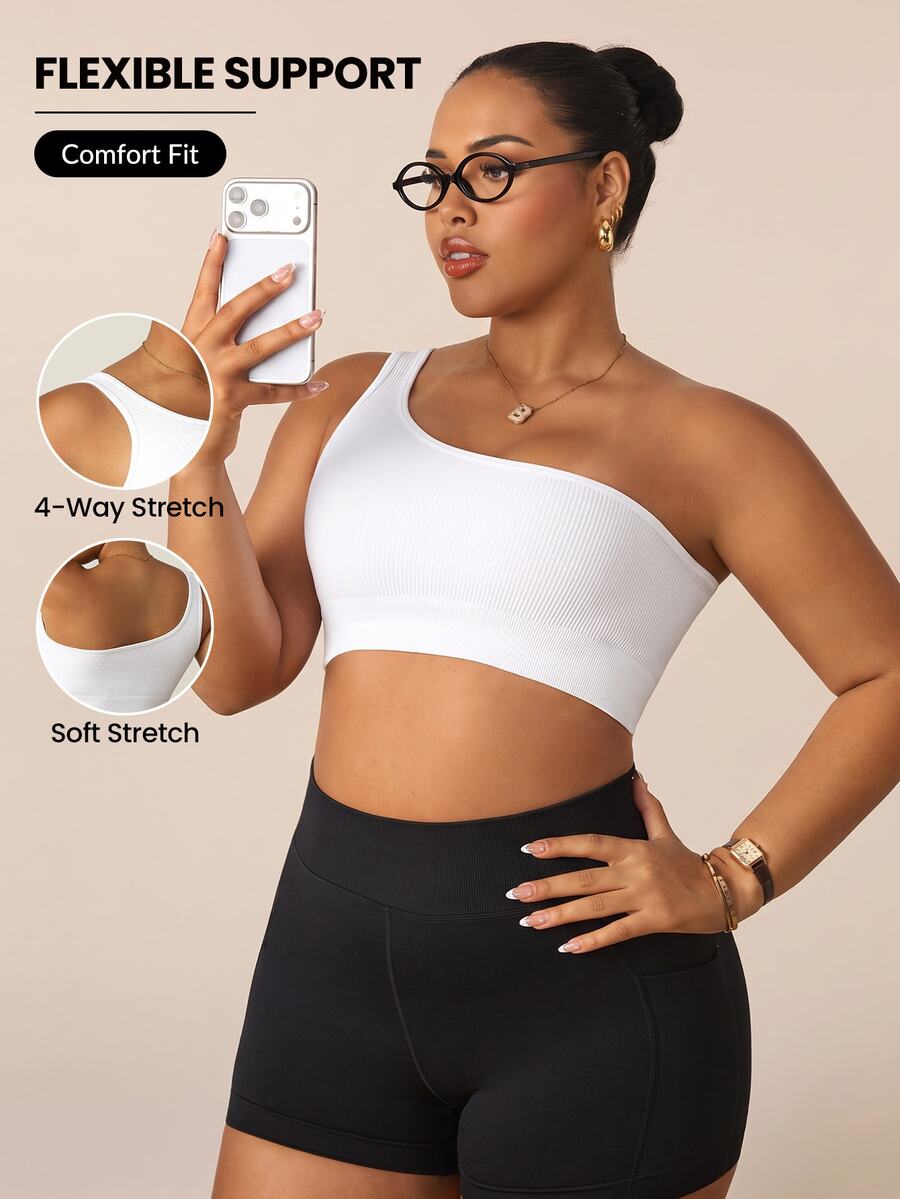 Rhythm Era Plus Size Off-Shoulder Seamless Ribbed Fitted Sports Tank Top, Sports T-Shirt, Bra, Underwear For Women - White - View 1