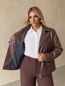 Auralis Autumn/Winter Long Sleeve PU Jacket/Motorcycle Personality Girl/Modern Elegant Y2K Brown Jacket - Brown - View 5