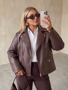 Auralis Autumn/Winter Long Sleeve PU Jacket/Motorcycle Personality Girl/Modern Elegant Y2K Brown Jacket - Brown - View 3
