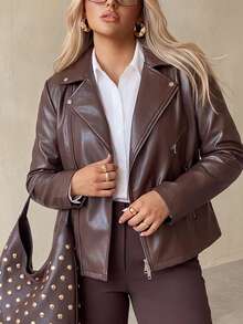 Auralis Autumn/Winter Long Sleeve PU Jacket/Motorcycle Personality Girl/Modern Elegant Y2K Brown Jacket - Brown - View 6
