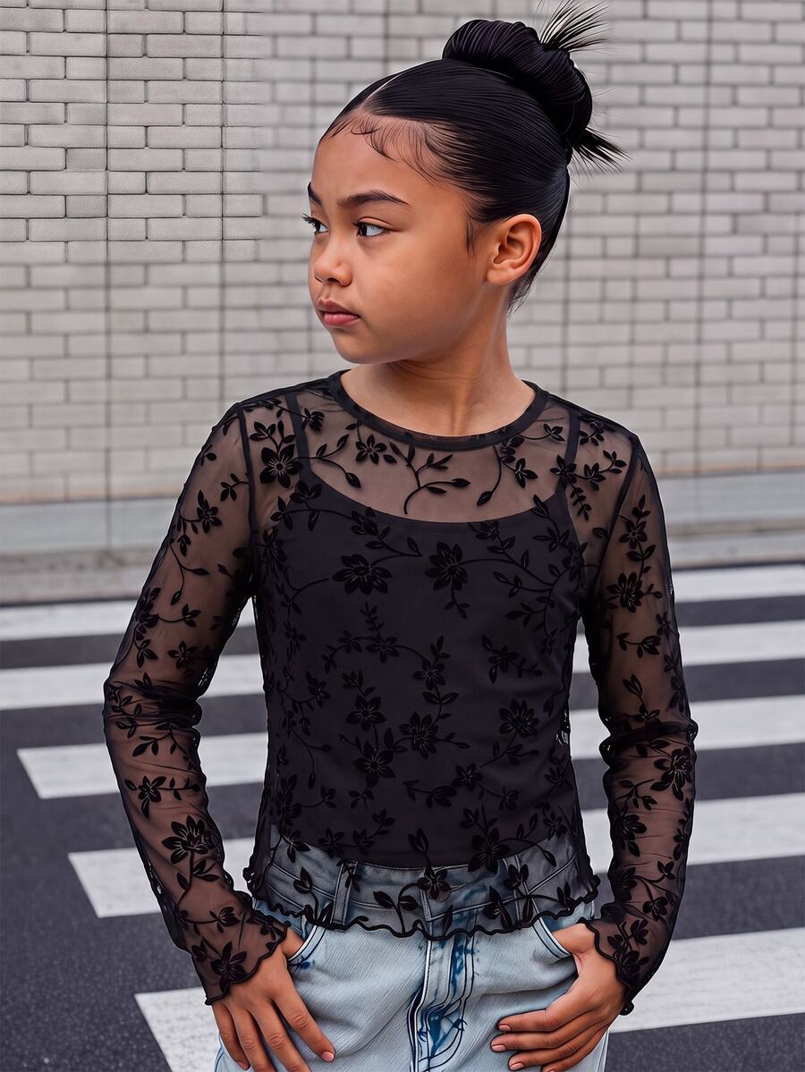 SHEIN 兒童青少年女孩休閒優雅街頭風蕾絲植絨網紗圓領長袖T恤附內搭背心,萬聖節套裝 - 黑色 - 查看 1