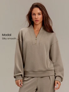 GLOWMODE SoftCalm Modal Glow Away 半鬆身半拉鍊立領套頭衫，休閒版型，日常休閒夏季旅行穿搭 - 卡其色 - 查看 1