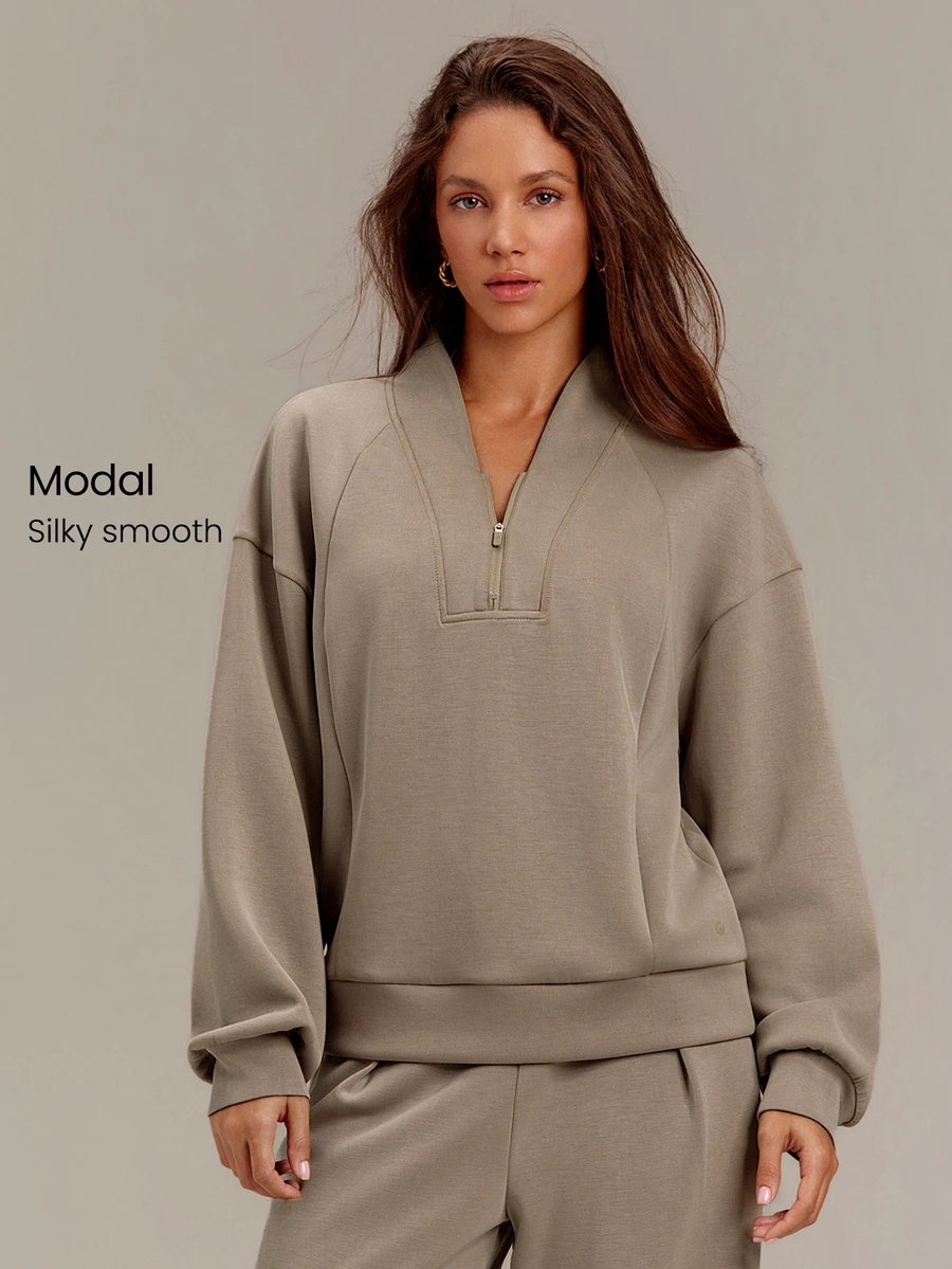 GLOWMODE SoftCalm Modal Glow Away 半鬆身半拉鍊立領套頭衫,休閒版型,日常休閒夏季旅行穿搭 - 卡其色 - 查看 1