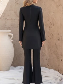 SHEIN Swim Women's Beach Holiday Black Bell Sleeve Metal Button Design Flared Pants Burkinis Set - Black - View 3