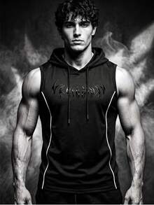 Manfinity Functional Line Print Hooded Sports Tank Top, Soft Fitness Sleeveless Vest - Black - View 4
