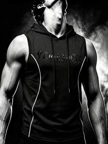Manfinity Functional Line Print Hooded Sports Tank Top, Soft Fitness Sleeveless Vest - Black - View 1