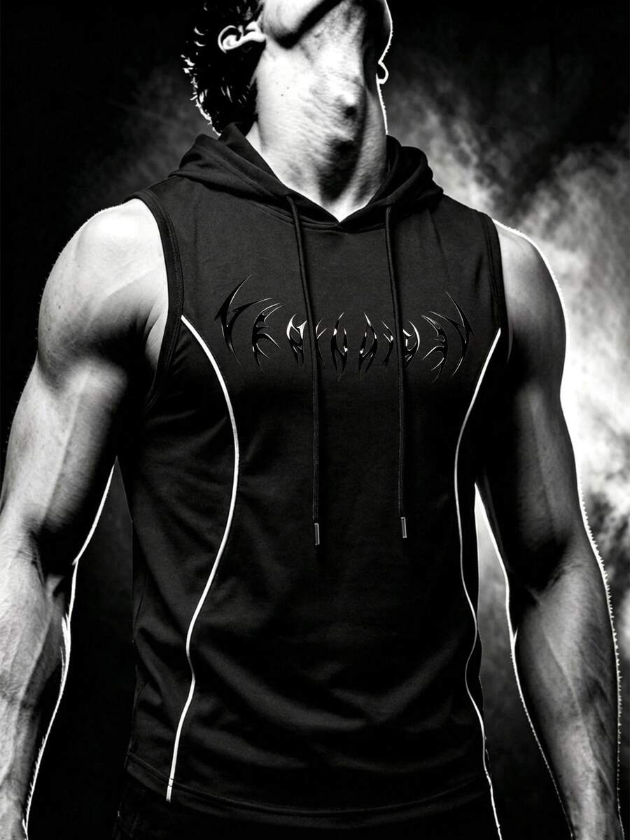 Manfinity Functional Line Print Hooded Sports Tank Top, Soft Fitness Sleeveless Vest - Black - View 1