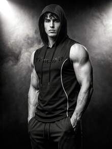 Manfinity Functional Line Print Hooded Sports Tank Top, Soft Fitness Sleeveless Vest - Black - View 5
