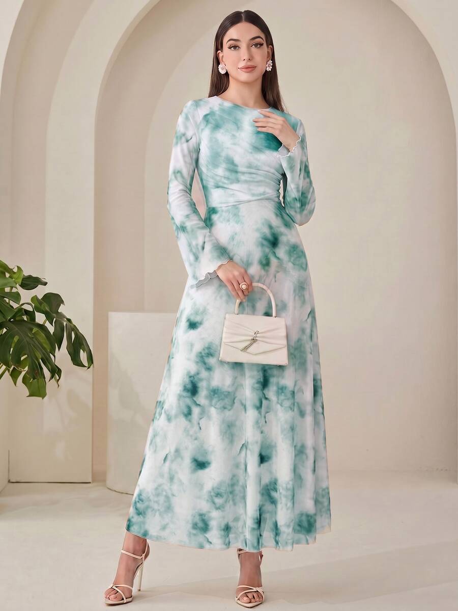 Veilorie 女款紮染圓領長袖百褶優雅洋裝 - 藍色 - 查看 1