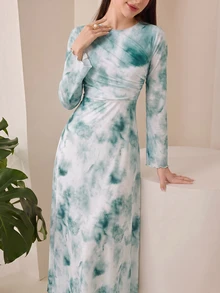 Veilorie 女款紮染圓領長袖百褶優雅洋裝 - 藍色 - 查看 7