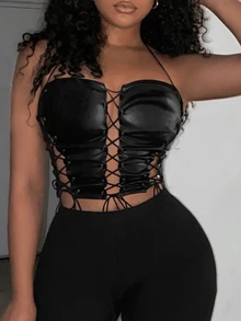 Slaydiva 2024 New Style Front Lace Up Short Halter Top Black Strap Pu Sexy Split Halter Straps - Black - View 5