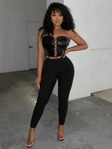 Slaydiva 2024 New Style Front Lace Up Short Halter Top Black Strap Pu Sexy Split Halter Straps - Black - View 6