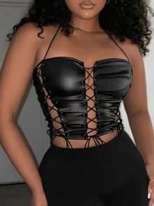 Slaydiva 2024 New Style Front Lace Up Short Halter Top Black Strap Pu Sexy Split Halter Straps - Black - View 4