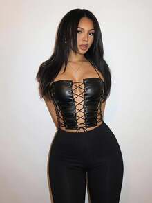 Slaydiva 2024 New Style Front Lace Up Short Halter Top Black Strap Pu Sexy Split Halter Straps - Black - View 2