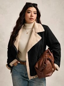 SHEIN LUNE 大尺碼女款前拉鍊保暖內裡機車夾克，黑色冬季休閒寬鬆外出度假外套 - 黑色 - 查看 8