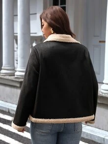 SHEIN LUNE 大尺碼女款前拉鍊保暖內裡機車夾克，黑色冬季休閒寬鬆外出度假外套 - 黑色 - 查看 11