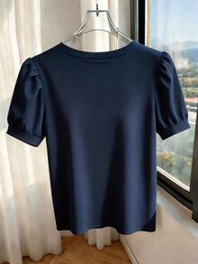 Franclia Women's Casual Daily Commute Minimalist Solid Color V-Neck Blouse, Summer, Suitable For Daily Wear, Elegant Urban, Commute Style, French Romantic, Spring Break, Beach, Beach, Going Out Top - Royal Blue - View 2