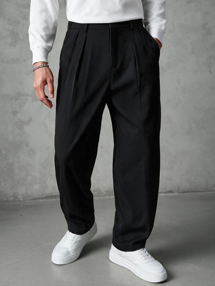 SLATEMANN Men's Casual-To-Work Trousers Featuring A Solid Color, Pleats, And Slanted Pockets; Suitable For Formal Occasions Or Celebratory Events. - Black - View 1