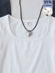 SHEIN Tween Girls T-Shirts Autumn Kids New Knit White Pattern Square Neck Casual Slim Fit Long Sleeve T-Shirt - White - View 7