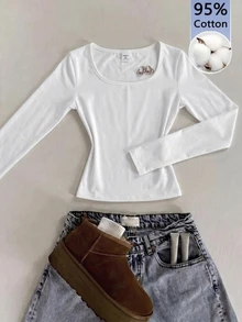 SHEIN Tween Girls T-Shirts Autumn Kids New Knit White Pattern Square Neck Casual Slim Fit Long Sleeve T-Shirt - White - View 5