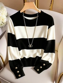 Velvienne Women's Plus Size Striped Print Crew Neck Metal Button Decor Loose Casual Sweatshirt - Black and White - View 3