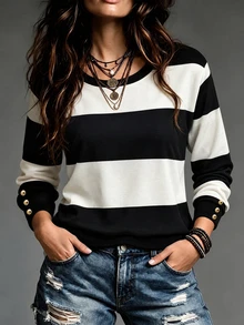 Velvienne Women's Plus Size Striped Print Crew Neck Metal Button Decor Loose Casual Sweatshirt - Black and White - View 1