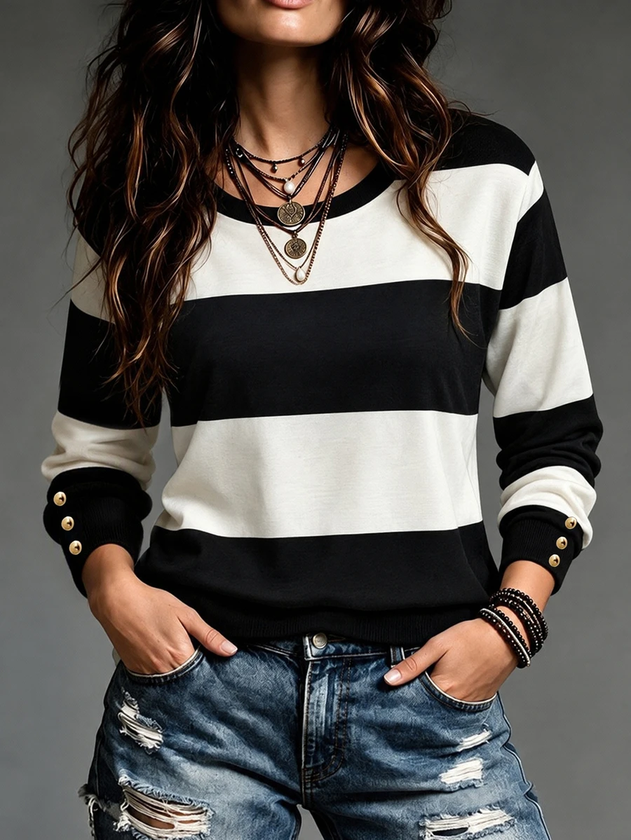 Velvienne Women's Plus Size Striped Print Crew Neck Metal Button Decor Loose Casual Sweatshirt - Black and White - View 1