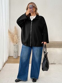 SHEIN CURVE+ Jaket Lengan Panjang Kasual Serbaguna untuk Wanita Ukuran Besar, Warna Polos, dengan Resleting, Cocok untuk Sehari-hari di Musim Gugur - Hitam - View 3