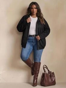 SHEIN CURVE+ Jaket Lengan Panjang Kasual Serbaguna untuk Wanita Ukuran Besar, Warna Polos, dengan Resleting, Cocok untuk Sehari-hari di Musim Gugur - Hitam - View 2