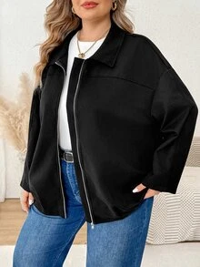 SHEIN CURVE+ Jaket Lengan Panjang Kasual Serbaguna untuk Wanita Ukuran Besar, Warna Polos, dengan Resleting, Cocok untuk Sehari-hari di Musim Gugur - Hitam - View 4