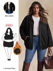 SHEIN CURVE+ Jaket Lengan Panjang Kasual Serbaguna untuk Wanita Ukuran Besar, Warna Polos, dengan Resleting, Cocok untuk Sehari-hari di Musim Gugur - Hitam - View 1