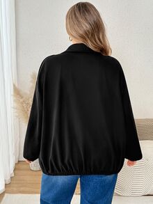 SHEIN CURVE+ Jaket Lengan Panjang Kasual Serbaguna untuk Wanita Ukuran Besar, Warna Polos, dengan Resleting, Cocok untuk Sehari-hari di Musim Gugur - Hitam - View 7