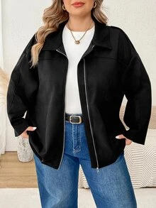 SHEIN CURVE+ Jaket Lengan Panjang Kasual Serbaguna untuk Wanita Ukuran Besar, Warna Polos, dengan Resleting, Cocok untuk Sehari-hari di Musim Gugur - Hitam - View 8